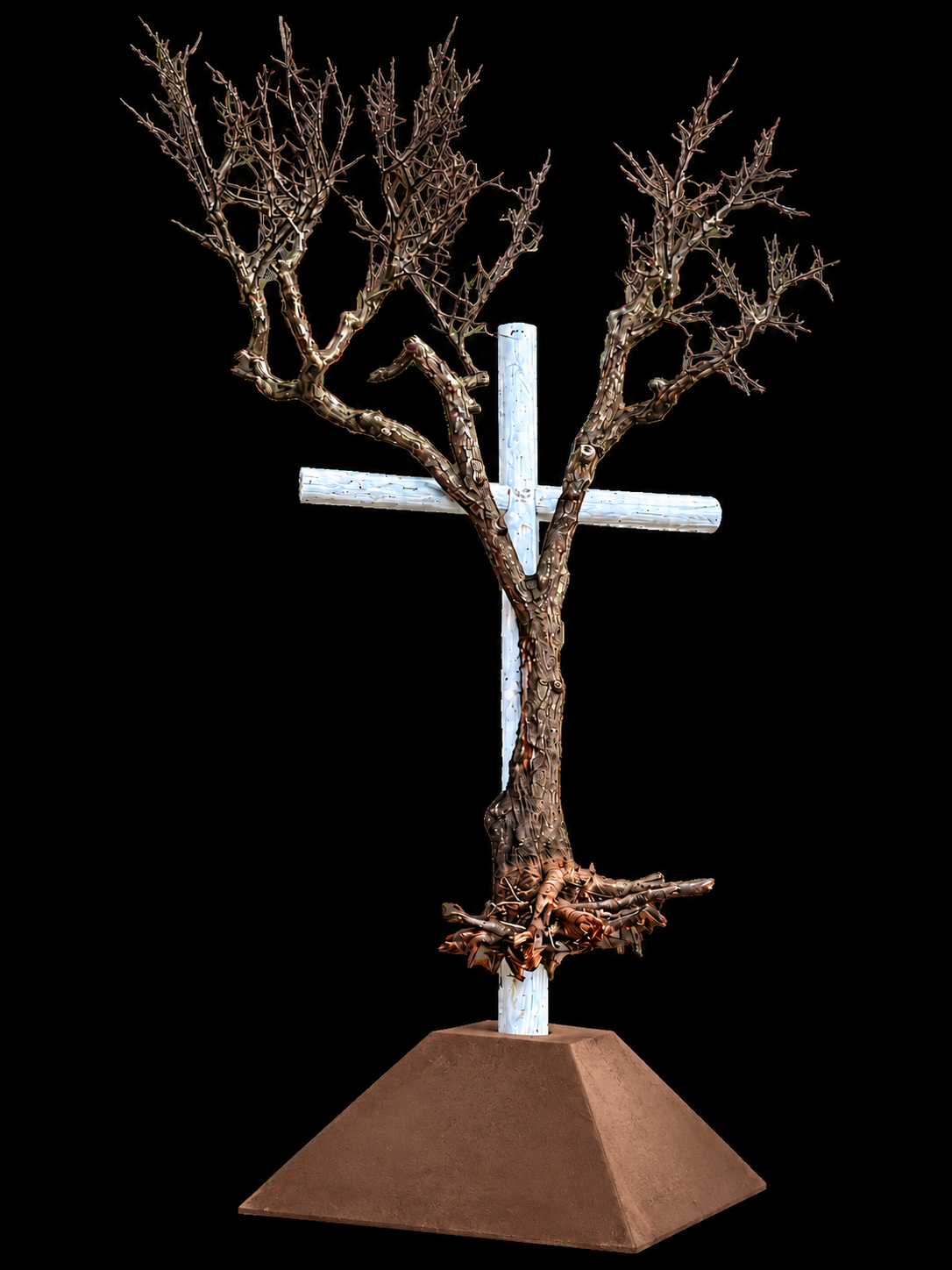 Uprooted tree attached to a wooden cross, the Crucified Nature installation